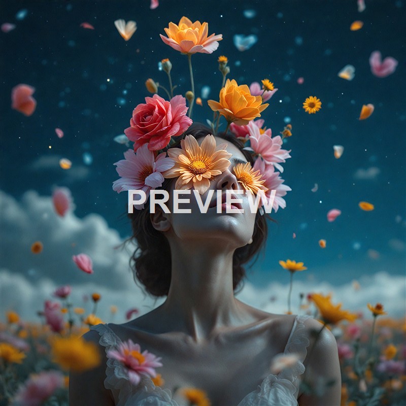 A woman with her eyes covered by a crown of large, colorful flowers, standing against a dark, cloudy sky with floating petals and glowing particles around her.